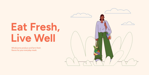 Young Woman Holding Two Mesh Bags Full of Fresh Vegetables. Eat Fresh Live Well Concept Banner. Healthy Lifestyle, Farm Organic Produce. Flat Vector Illustration Isolated on Light Background