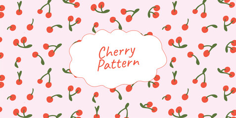 Seamless pattern with red cherries on pastel background. Hand drawn fruit repeat texture for summer wrapping, textile, picnic design. Flat colorful vector illustration.