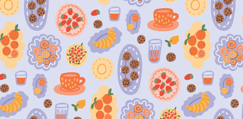 Seamless picnic pattern with tea cups, cookies, croissants, cherry tart, strawberry pie, citrus fruits and juice glasses. Summer sweet brunch repeat. Vector illustration.