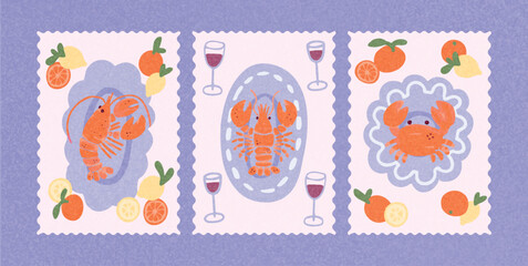 Vector watercolor posters with lobster and crab on decorative plates. Citrus fruits, wine glasses, wavy frames. Hand drawn summer food composition in doodle style. Isolated on purple background.