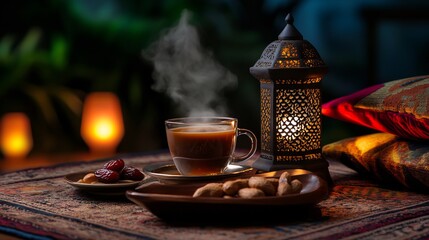 Serene Ramadan Evening: Warm Tea, Dates, and Lantern Light