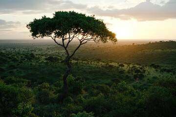Obraz premium A lone acacia tree stands tall in a vast green savannah at sunset, with golden sunlight illuminating the landscape.