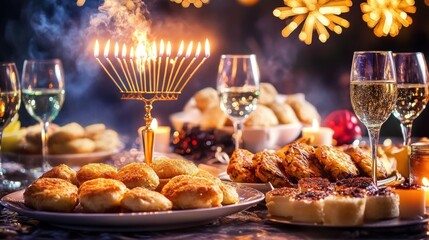 Obraz premium Festive Hanukkah dinner with menorah, food, and champagne.