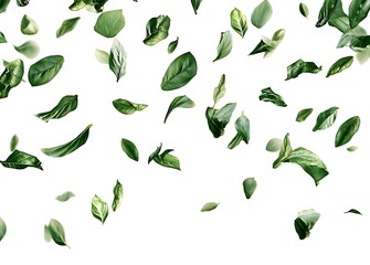 Fresh basil leaves flying in the wind, white background