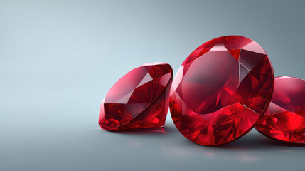 Gleaming red ruby gemstones are beautifully displayed on a smooth surface, reflecting light and showcasing their vibrant color and exquisite cut for jewelry design.