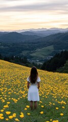 Fototapeta premium A girl wearing a white dress stands still in a poppy field during the golden hour, surrounded by mountains and a colorful sky