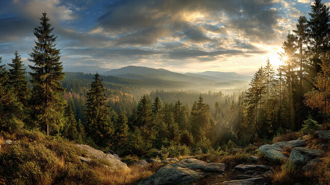 Mountain pine forest bathed in soft golden light at sunset, dramatic sky and distant hills creating peaceful scenic nature background for wilderness or travel themes