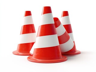 Red and white traffic cones grouped together on a white background.