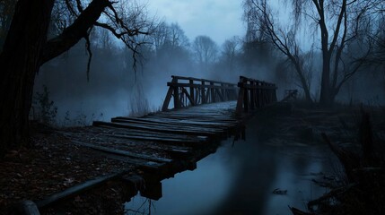 Misty River Bridge at Dusk: A Serene and Mysterious Scene