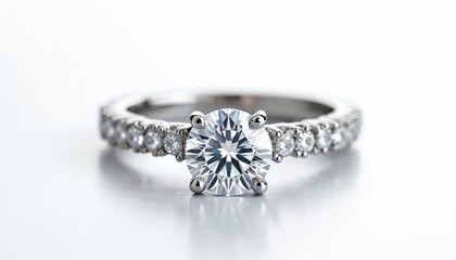 Elegant diamond ring closeup. Brilliant cut gemstone, luxury platinum, silver band. Jewellery gift for wedding, anniversary, engagement, propose. Beautiful shiny object isolated on white background.