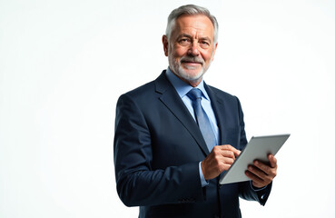 Mature businessman wearing suit tie uses tablet. Senior executive man with gray hair stands on white background. Boss, manager, leader in business. Professional, confident, successful, digital tech