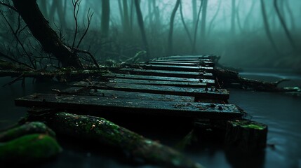 Enigmatic Wooden Bridge in a Misty Forest