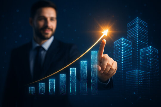 Businessman Displaying Financial Data Digitally on Virtual Interface