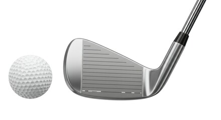 A golf club iron and a golf ball are shown against a white background.