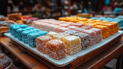 Sweet Symphony: An assortment of colorful jelly candies displayed on a ceramic platter, inviting with their sugary allure. A gourmet treat ready to tempt any sweet tooth. 