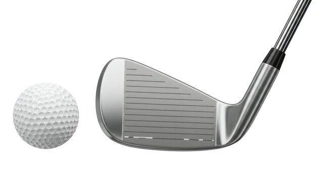 A golf club iron and a golf ball are shown against a white background.