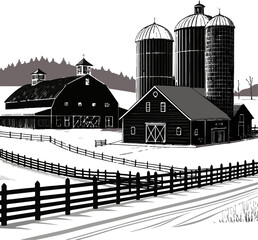 Rustic Barn with Silo Silhouette - Traditional Farm Vector Art © Rezowan 