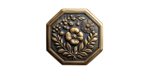 Ornate Octagonal Brass Plaque With Floral Design. Decorative Art And Home Decor Accent Isolated On Transparent Background