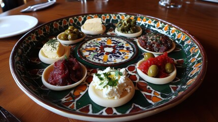 Assorted appetizers served on an ornate platter.