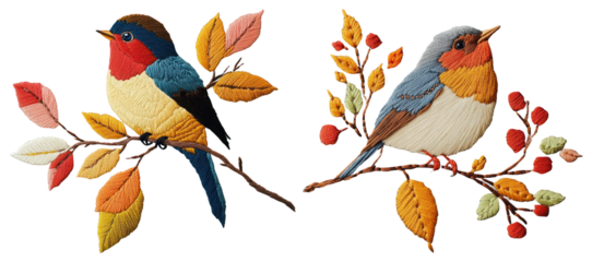 PNG Colorful embroidered birds art, element set on transparent background