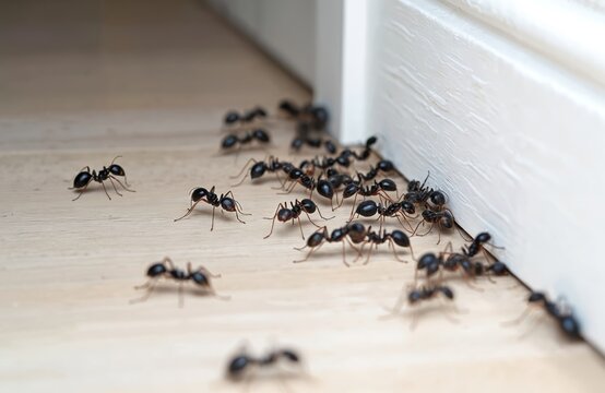 Close-up of carpenter ants on wooden floor, near white baseboard. Infestation in domestic space. Pest control needed for hygiene, cleaning, eradication of unwanted vermin.
