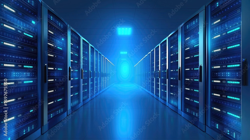 Poster symmetrical corridor of glowing blue server racks in a futuristic data center, perfect for illustrat