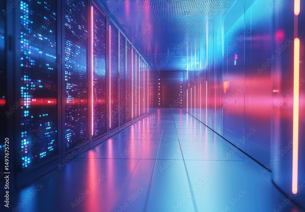 Poster High-tech data server corridor with glowing panels and sleek neon lights in pink and blue tones, great for cloud computing, AI systems, and futuristic technology backdrops