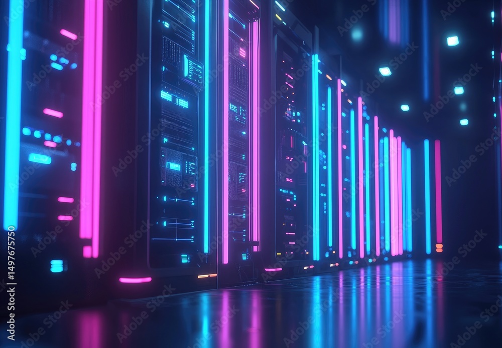 Poster bright neon-lit data server corridor in futuristic style with pink and blue lighting, ideal for tech