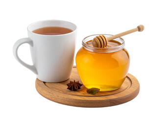 A cup of tea and a jar of honey on a wooden coaster, accompanied by star anise and cardamom