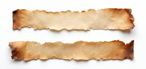 Torn paper strips isolated white background. Burnt edges, vintage paper texture. Rough, old paper, blank space for message. Retro design element for scrapbook, journal pages, collage.