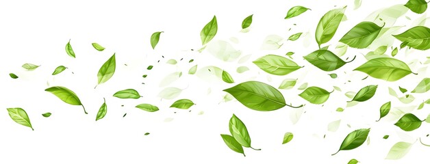 Obraz premium Fresh basil leaves flying in the wind, white background