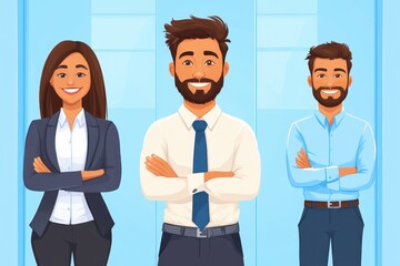 Fototapeta premium Professional team of three diverse adults standing confidently in an office environment with bright blue background showcasing teamwork and collaboration