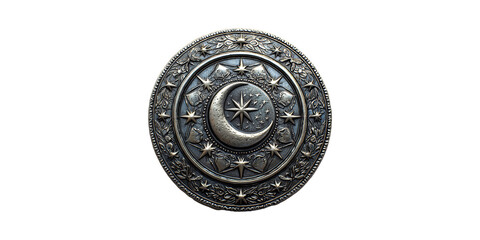 Ornate Silver Medallion With Crescent Moon And Stars. Symbolic Design Isolated On Transparent Background