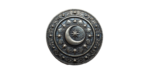 Ornate Silver Medallion With Crescent Moon And Stars. Symbolic Design Isolated On Transparent Background
