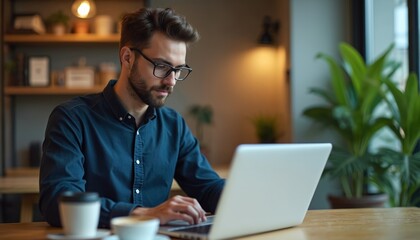 Young businessman works on laptop at wooden table in minimalist office. Stylish entrepreneur wears glasses, drinks coffee. Modern workspace, digital tech, focused on project.