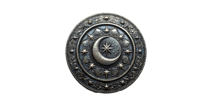 Ornate Silver Medallion With Crescent Moon And Stars. Symbolic Design Isolated On Transparent Background