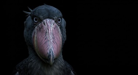 Shoebill bird close up portrait with large beak against a dark background.