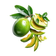 Fresh green ambarella fruit with leaves isolated on white background