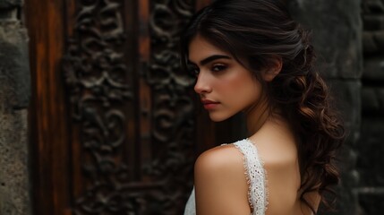 Elegant Woman in White Dress Near Intricate Carving