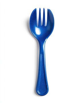 A vibrant blue plastic spork stands out against a stark white background.