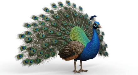 A peacock displays its colorful feathers on a white background.