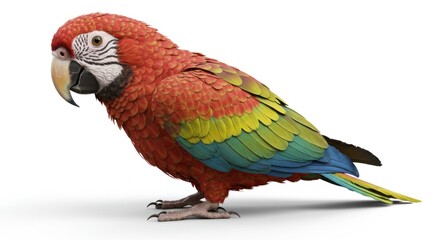 Fototapeta premium Colorful parrot stands on a white surface casting a shadow.