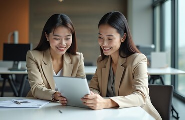 Two beautiful Asian businesswomen share corporate experiences. They consult work using a digital tablet in the modern office. Young women smile, collaborate on business project.
