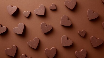 Fototapeta premium Heart-shaped chocolates scattered on a warm brown background create a delightful and romantic atmosphere for any occasion