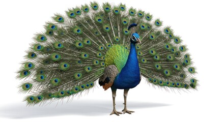 Peacock with iridescent feathers displayed against a white background.