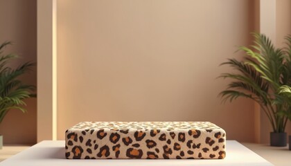 Minimalistic product podium with leopard fur pattern. Geometric stage pedestal in beige room for product presentation. Modern, elegant design for product advertisement. 3D render of product mockup