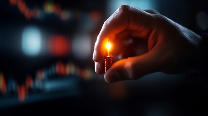 Igniting Potential: A Hand Holding a Glowing Miniature Lightbulb Against a Blurred Stock Market Background