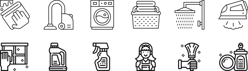 Hygiene icon set. Containing cleaning, disinfection, soap, bathing, sweep, shower, washing hands, clean and sanitation icons. Cleanliness concept. Solid icon collection.