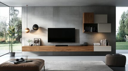Modern Living Room Floating Wooden TV Unit, Concrete Wall, Pendant Lights, Minimalist Design Minimalist, Modern Interior