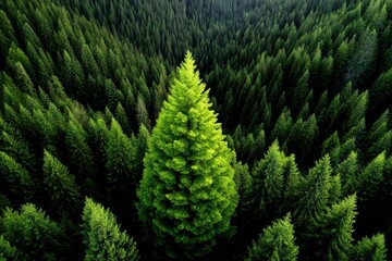 A lush green forest with dense, symmetrical trees, highlighting one prominent tree in the center.